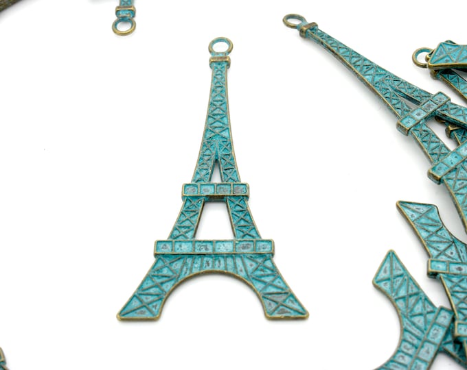 Antiqued Patina Green Bronze Charm Beads Pendant Earing 68mm x 35mm x 2mm - Flat Eiffel Tower