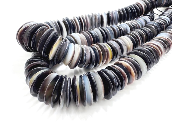 Natural Black Lip Shell Graduated Disc Beads Iridescent Mother of Pearl MOP Heishi Premium Dark Tapered Sea Shell Tahitian Style Pearl Shell