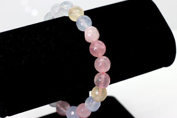 Rainbow Agate Faceted Round Gemstone Beads Stretch Elastic Cord Bracelet- PGB157