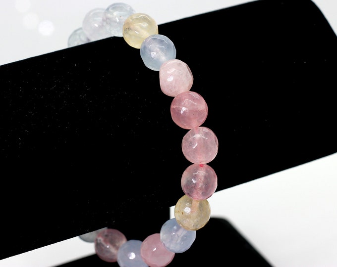 Rainbow Agate Faceted Round Gemstone Beads Stretch Elastic Cord Bracelet- PGB157