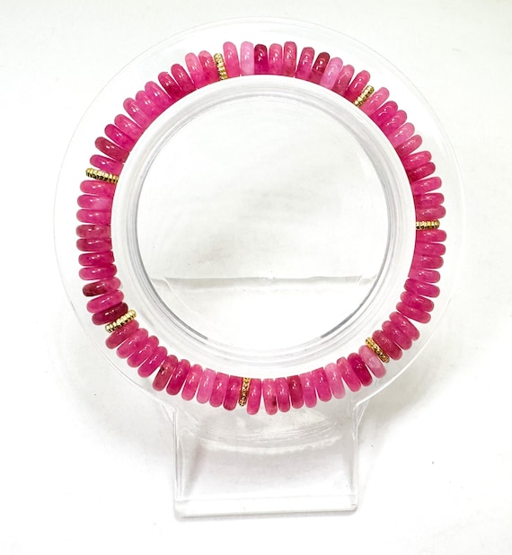Handmade Hot Pink Agate Rondelle Bracelet 6.5" – 6mm Dyed Gemstone Beads with Gold Spacers - PGB8R31