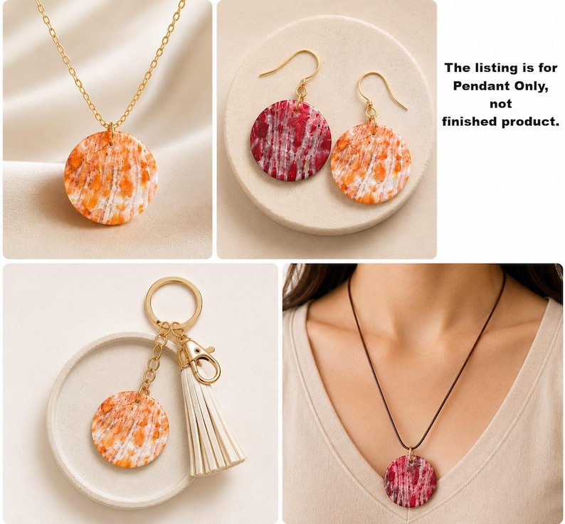 May include: A collection of jewelry pendants and accessories. The pendants have a circular design with orange and white patterns. The image includes a necklace, earrings, and a keychain with a tassel. The text in the image says "The listing is for Pendant Only, not finished product."