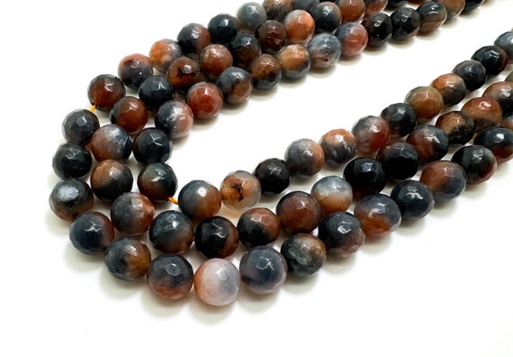 Navy Blue Cloudy Orange Agate Faceted Round 10mm Gemstone Jewelry Making Beads - RNF131A