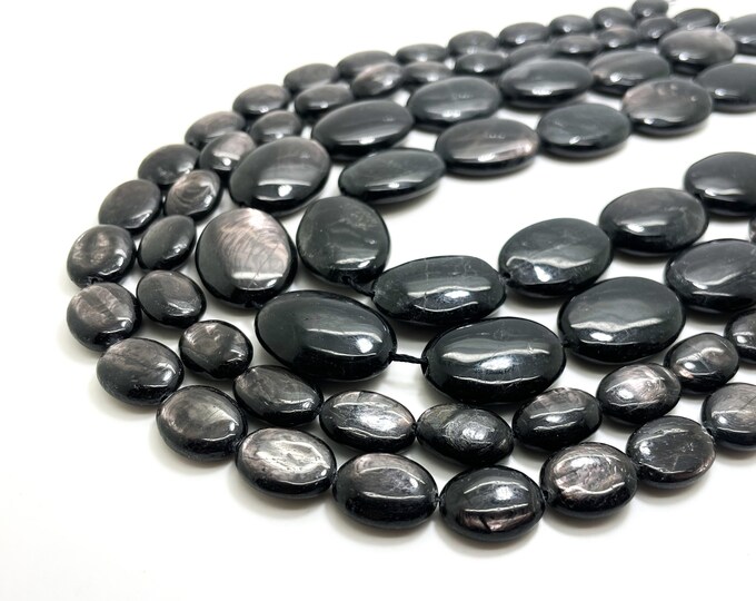 Natural Genuine Aura Hypersthene Black Flat Oval Smooth Polished Gemstone Beads - PGP11