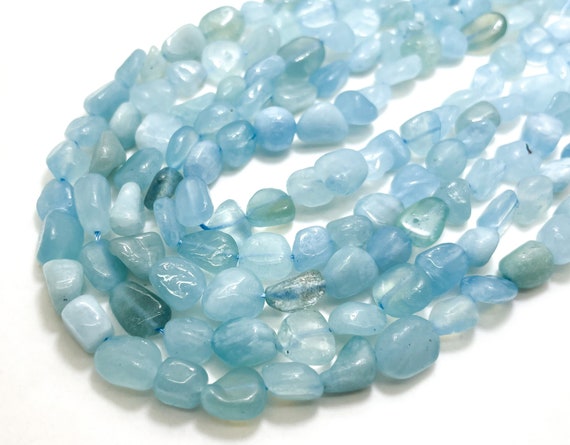 Blue Aquamarine Beads, Natural Aquamarine Polished Nugget Pebble Round Barrel Gemstone Beads - PG318