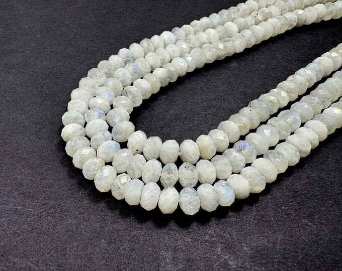 Genuine Natural White Rainbow Moonstone Faceted Rondelle Gemstone Stone Beads - RDF55