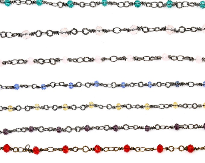 Crystal Rosary Chain, Gun Metal 3 mm Beaded Jewelry Chain - Red Blue Green Yellow Orange - PCH11