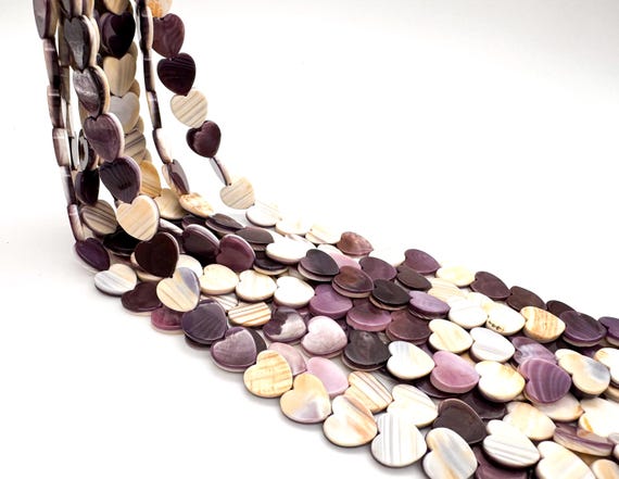 Natural Wampum Quahog Shell Beads Purple White Flat Heart 12mm Authentic USA Quahog Shell 15.5" Strand Jewelry Making - PG192