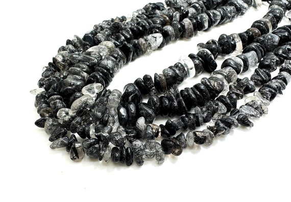 Black Hair Rutilated Quartz Beads: Natural Gemstone Pebble Chips