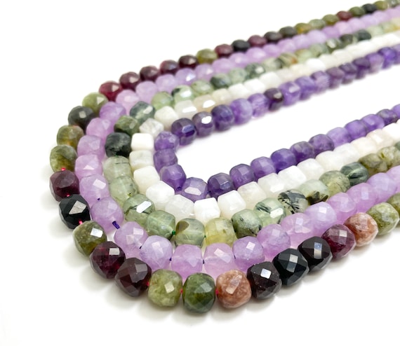 Natural Faceted Square Cube 7mm x 7mm Gemstone Beads (Lavender Amehyst Kunzite Rainbow Tourmaline Prehnite, Moonstone) - PGS262