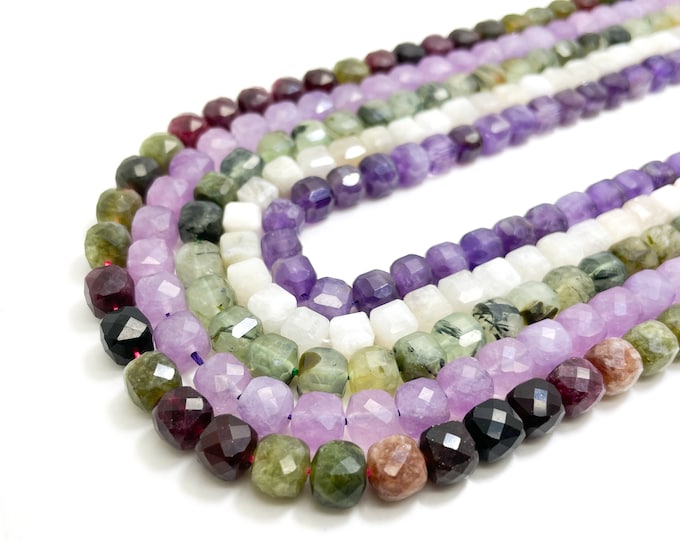 Natural Faceted Square Cube 7mm x 7mm Gemstone Beads (Lavender Amehyst Kunzite Rainbow Tourmaline Prehnite, Moonstone) - PGS262