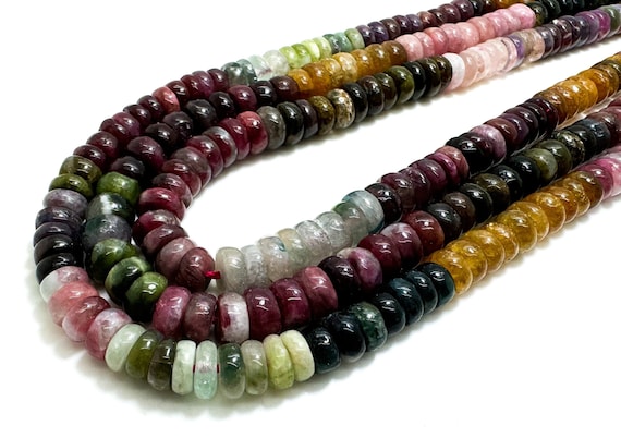 Natural Tourmaline Beads, AAA Multi color Rainbow Tourmaline Rondelle Smooth Gemstone Beads - 2mm x 6mm - PG67B