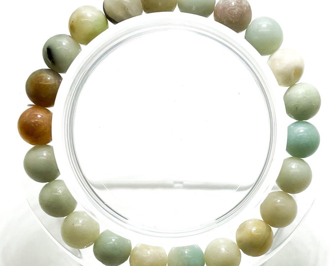 Multi-Color Natural Amazonite Smooth Polished Round Sphere Gemstone Beads Size 6mm 8mm 10mm Stretch Elastic Cord Handmade Bracelet PGB89