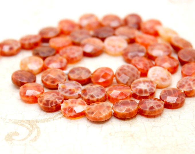 Fire Agate Beads, Orange Fire Agate Flat Faceted Round Circle Coin 12mm Gemstone Beads - PG182