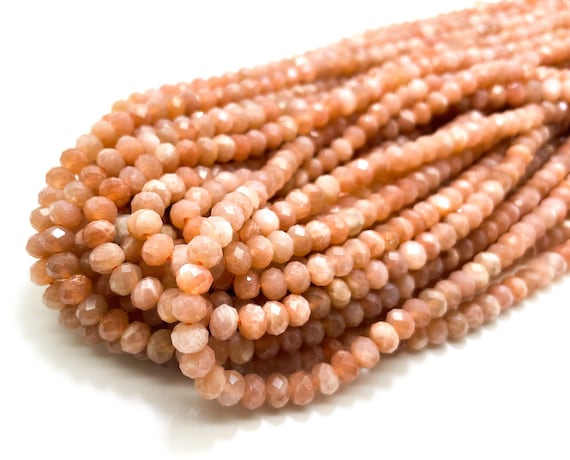 Peach Moonstone Beads, Natural Peach Moonstone Faceted Roundelle 4mm x 5mm Gemstone Beads - RDF91