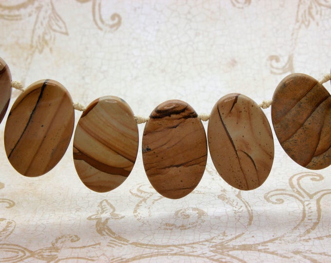 Natural Jasper, Wood Brown Jasper Natural Flat Oval Smooth Gemstone Beads Loose Bead 22mm x 36mm - PGS73