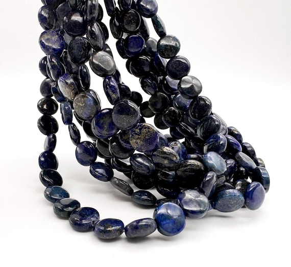 Natural Blue Lapis Lazuli Beads: Navy Blue Polished Coin Shape Gemstone with Pyrite, 6mm x 10mm - PG97