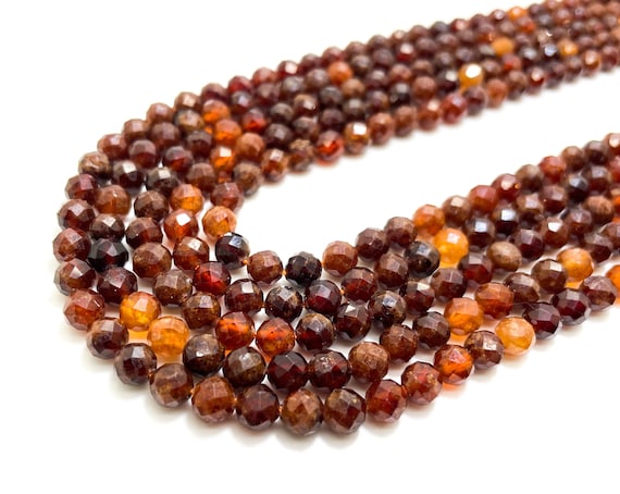 Hessonite Garnet Beads, Natural Orange Garnet Faceted Round 5mm 6mm Gemstone Beads Rock Stone - RNF112