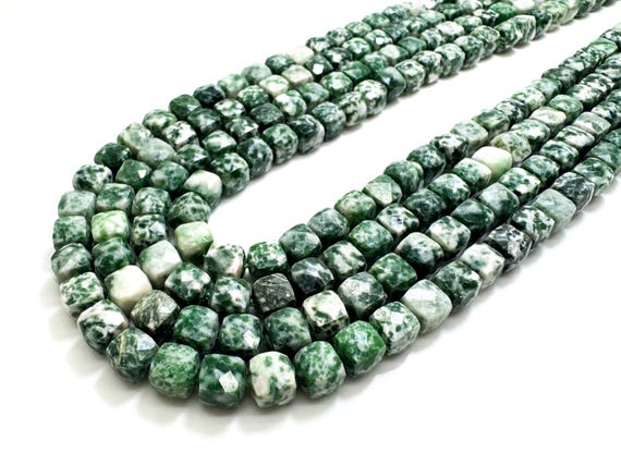 Natural Green Tree Agate A Faceted Square Cube 7mm Gemstone Beads - PGS121