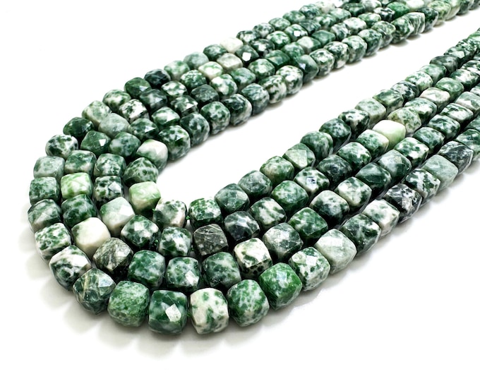 Natural Green Tree Agate A Faceted Square Cube 7mm Gemstone Beads - PGS121