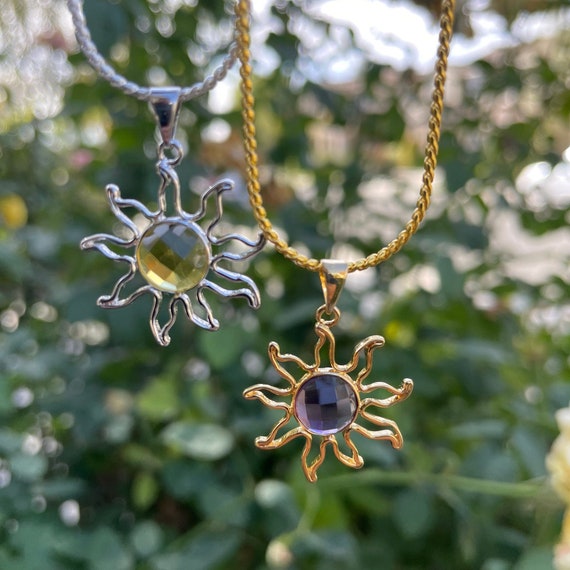 Natural Citrine with Silver Plated, Amethyst with Gold Plated (Pendant Only) Faceted Round Gemstone Solar Sun Shape - JS21