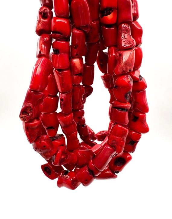 Natural Red Coral Chunky Nuggets Polished Gemstone Deep Red Organic Branch Coral Strand Southwestern Statement Jewelry Supply - RC11