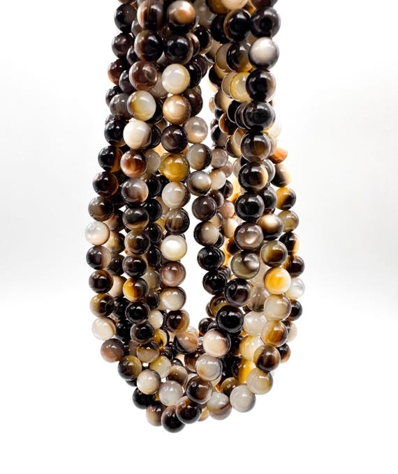 Natural Black Lip Shell Round Beads 7mm Genuine Mother of Pearl MOP Smooth Dark Brown Black Cream Organic Gemstone Spacer Beads - RN03
