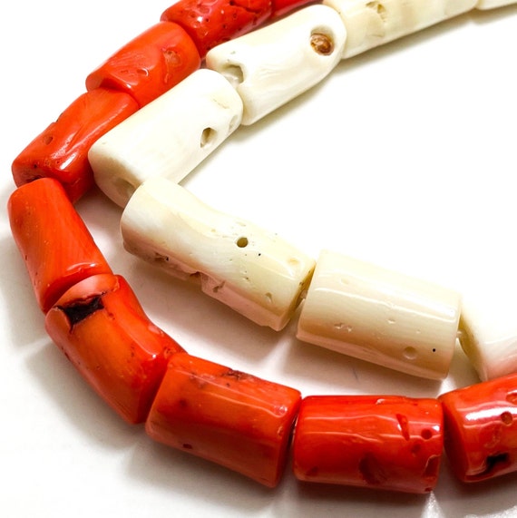 White Orange Bamboo Coral FreeForm Tube Cylinder Shape Natural Gemstone Beads (Assorted Size) - PGS217B