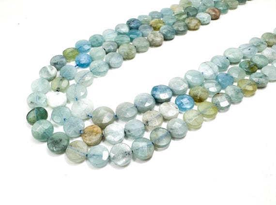 Natural Aquamarine Faceted Coin Beads – Oceanic Elegance Flat Round Gemstone Beads (7mm, 8mm, 10mm) - PG82