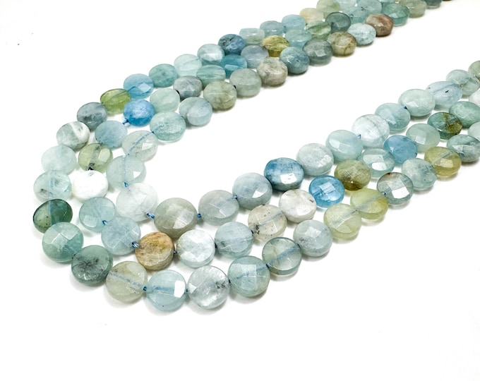 Natural Aquamarine Faceted Coin Beads – Oceanic Elegance Flat Round Gemstone Beads (7mm, 8mm, 10mm) - PG82