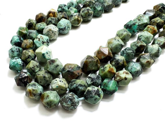 Natural African Turquoise Faceted Star Cut Beads • Genuine 9mm 11mm Teal Green Jasper • High Luster Polished Geometric Gemstone Strand PG260