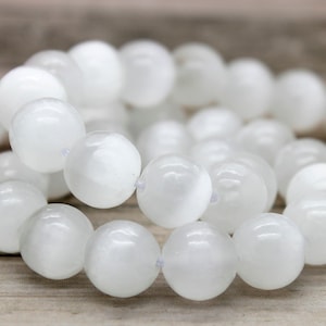 AAA Rare Genuine Natural White Selenite Polished Smooth Round Gemston Beads PG17 image 1