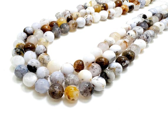 Natural Dendritic Opal Beads 6mm 8mm 10mm Genuine White Opal with Black Dendrites Jewelry Making Round Beads 15.5” Strand - RN116