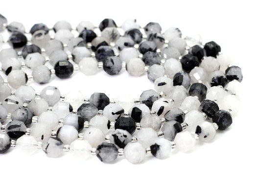 Natural Black Tourmaline Rutilated Quartz Faceted Round 7mm x 8mm Double Terminated Points Energy Prism Cut Gemstone Beads - PGS303