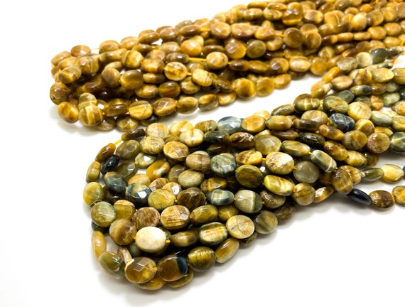 Tiger's Eye, Natural Faceted Oval Flat Blue Yellow Tiger Eye 8mm x 10mm Loose Gemstone Beads - PG150