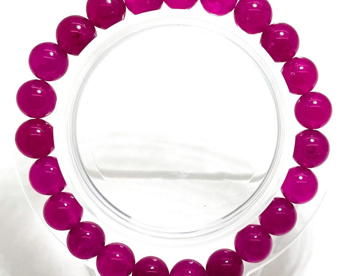 Raspberry Jade Smooth Round Gemstone Beaded 8mm 10mm Bead Stretch Elastic Handmade Bracelet - PGB196