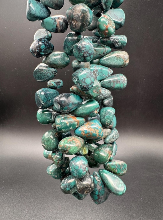 Natural Hubei Turquoise Teardrop Beads • Graduated Smooth Drops • Genuine Spiderweb Turquoise Focal Strand Gemstone Beads