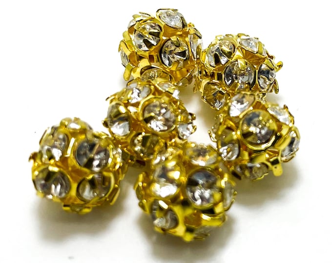 6pcs Gold Plated Filigree Rhinestone Balls Spacer 10mm Beads - PAS17