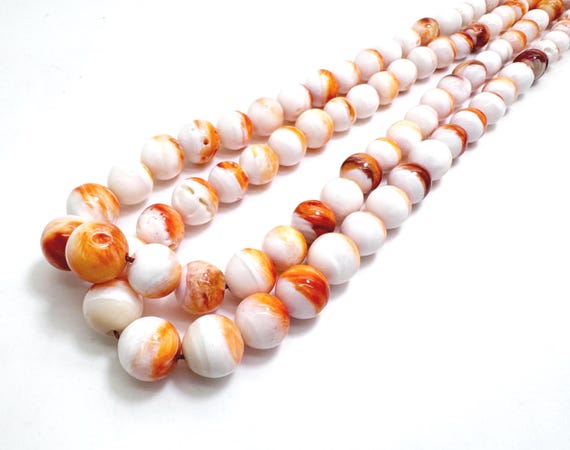 Graduated Spiny Oyster Shell Beads Round Shape Orange White Smooth Polished Jewelry Making Supplies Statement Necklace Beads - PG231