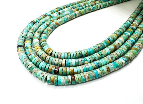 Turquoise Heishi Rondelle Beads: Natural Green/Blue Gemstone, 2mm x 6mm, 16" Strand