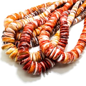 Genuine AAA Graduated Natural Spiny Oyster Rough Flat Disc Rondelle Heishi Native America Red/Orange/Purple Gemstone Beads - PGS90H