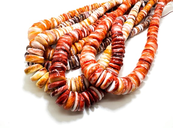 Genuine AAA Graduated Natural Spiny Oyster Rough Flat Disc Rondelle Heishi Native America Red/Orange/Purple Gemstone Beads - PGS90H