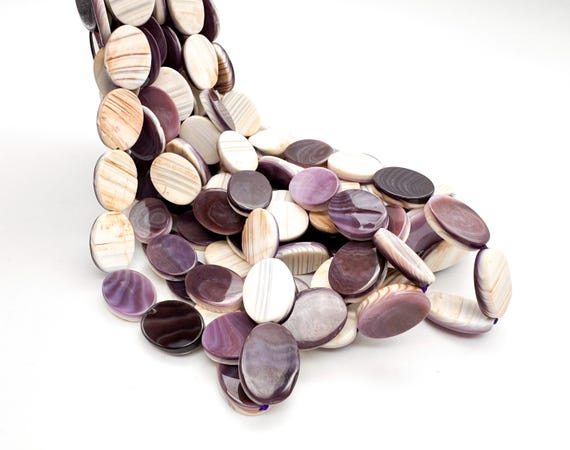 Natural USA East Coast Quahog Wampum Shell Beads, Authentic Purple White Shell, Flat Oval 12x16mm, Jewelry Making - PG192