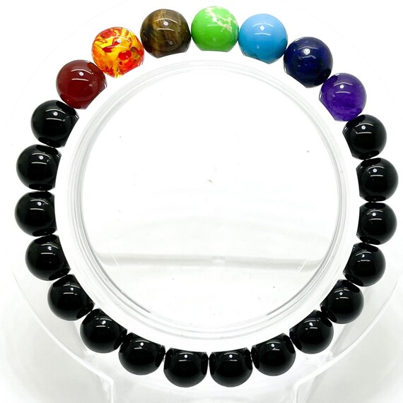 Smooth Black Onyx Mixed Round Natural Gemstone Beads Stretch Elastic Cord Handmade Beaded Bracelet PGB123