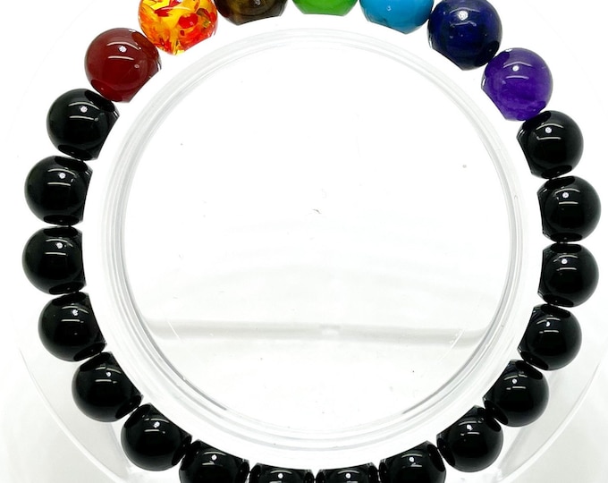 Smooth Black Onyx Mixed Round Natural Gemstone Beads Stretch Elastic Cord Handmade Beaded Bracelet PGB123