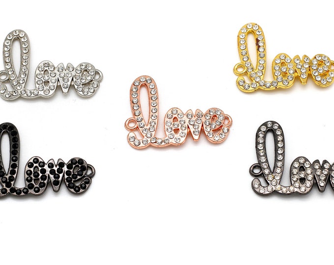 1PC Love Letter with Rhinestone Charm Pendant Double Bail Connector for Necklace Bracelet Jewelry Silver Rose Gold Black Gun Metal - PAS87