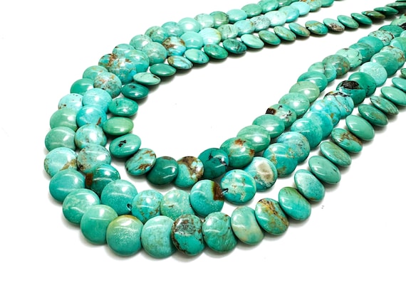 Natural Blue-Green Kingman Turquoise 10mm Flat Round Disc Gemstone Beads - PGS393D