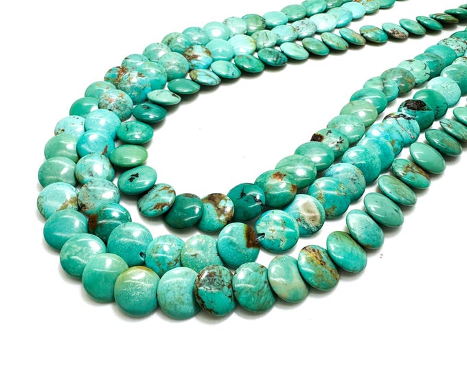 Natural Blue-Green Kingman Turquoise 10mm Flat Round Disc Gemstone Beads - PGS393D