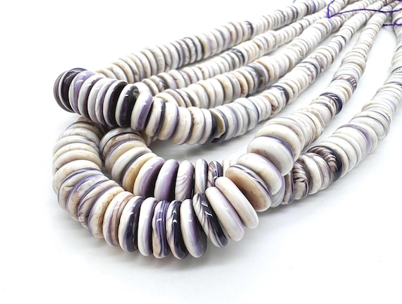 Natural Wampum Shell Rondelle Beads • Genuine Graduated Purple & White Quahog 4mm-12mm Strand • Polished Coastal Jewelry Supply - PG267S