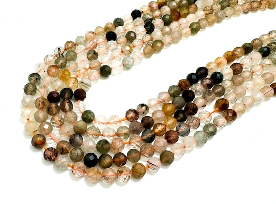 Natural Mixed Rutilated Quartz Faceted Round 6mm Gemstone Beads - RNF130